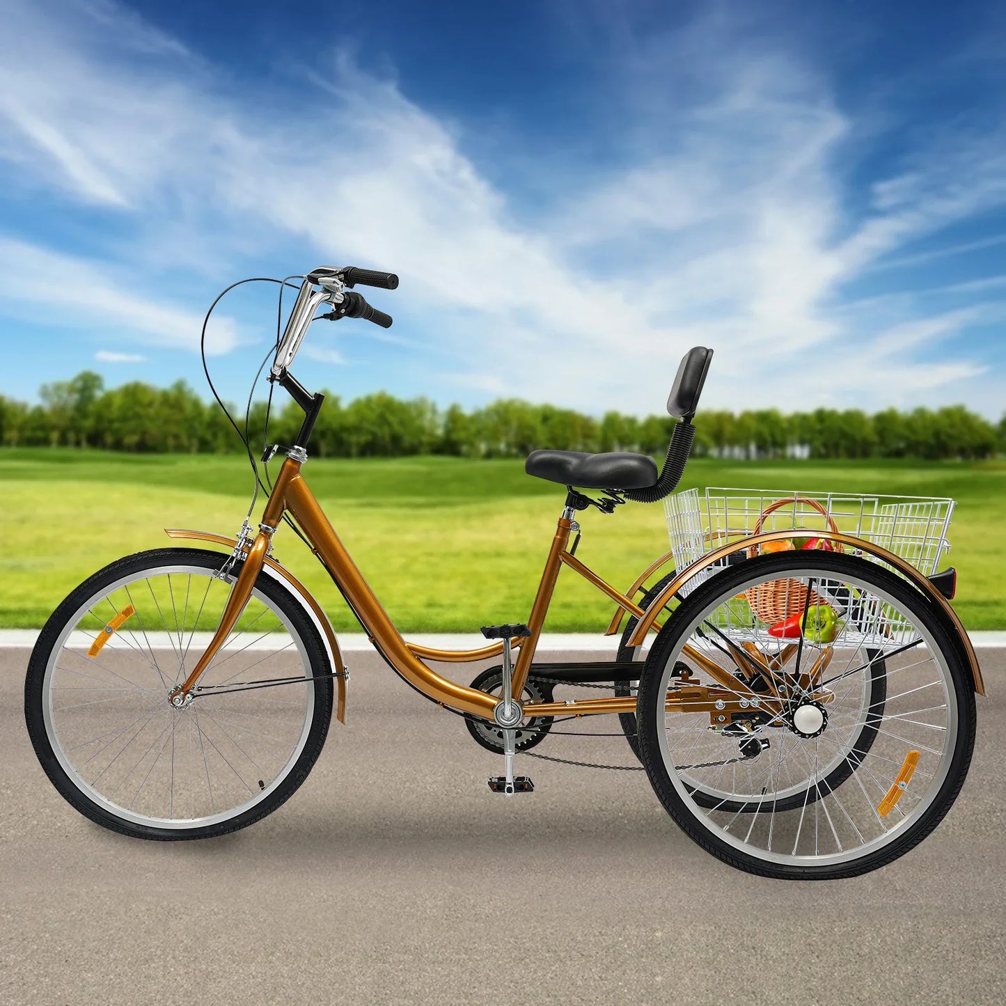 24 Inch Driewieler voor Volwassenen – 6 Versnellingen | Met Mand & Rugleuning | Comfortabel & Veilig