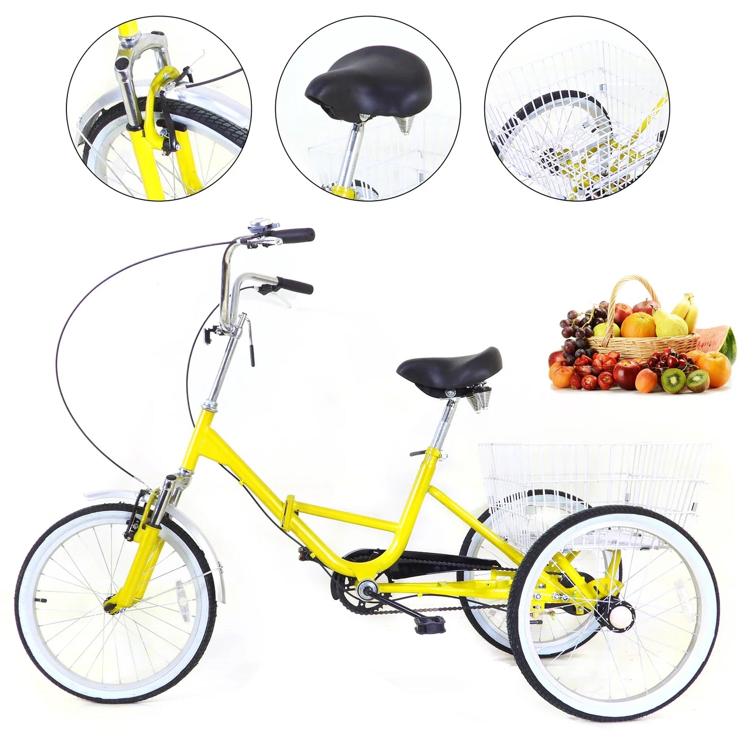 20 inch Opvouwbare Driewieler – Geel – Enkelvoudige Versnelling – 110kg Draagkracht – Met Mand & Bel – Voor Volwassenen & Senioren