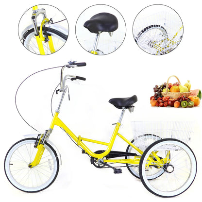 20 inch Opvouwbare Driewieler – Geel – Enkelvoudige Versnelling – 110kg Draagkracht – Met Mand & Bel – Voor Volwassenen & Senioren