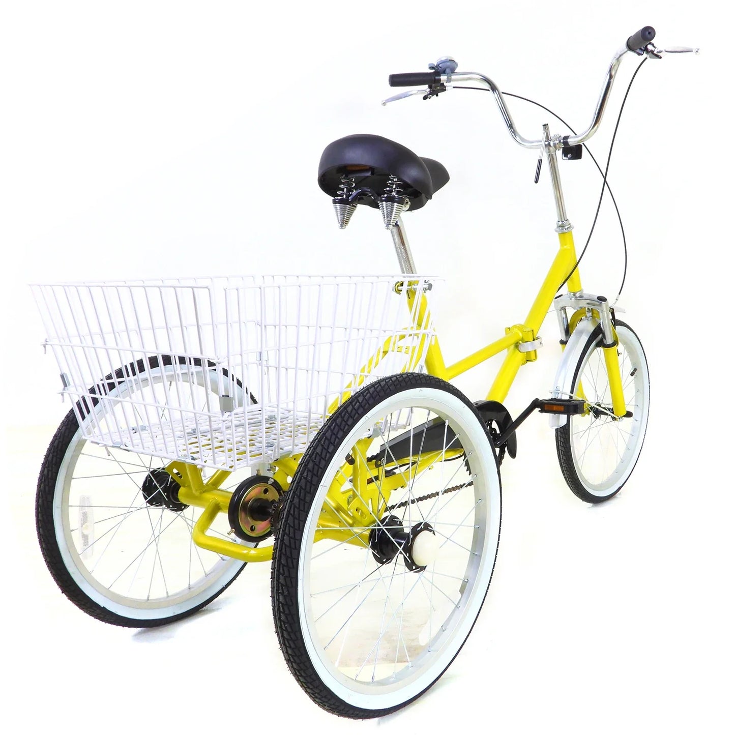 20 inch Opvouwbare Driewieler – Geel – Enkelvoudige Versnelling – 110kg Draagkracht – Met Mand & Bel – Voor Volwassenen & Senioren