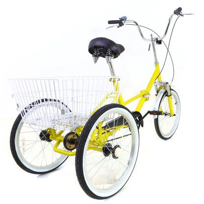 20 inch Opvouwbare Driewieler – Geel – Enkelvoudige Versnelling – 110kg Draagkracht – Met Mand & Bel – Voor Volwassenen & Senioren