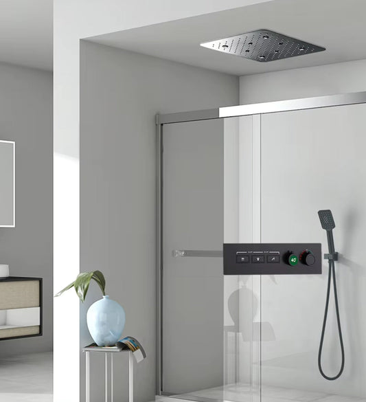 VoordeelPaleis® AquaMax Platinum Wellness Plafond Thermostatische Doucheset 3 weg Inbouw Plafond LED regendouche Mat Zwart