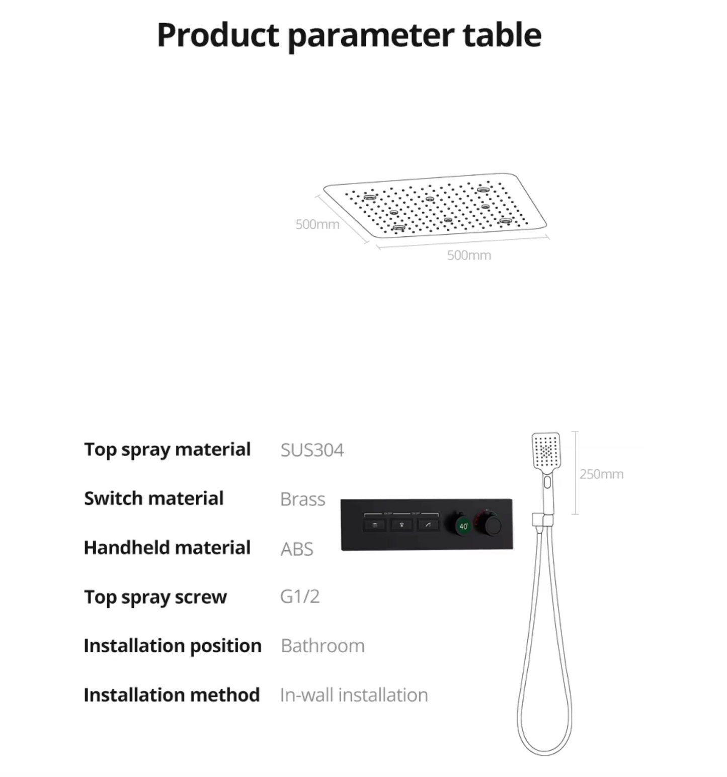 VoordeelPaleis® AquaMax Platinum Wellness Plafond Thermostatische Doucheset 3 weg Inbouw Plafond LED regendouche Mat Zwart