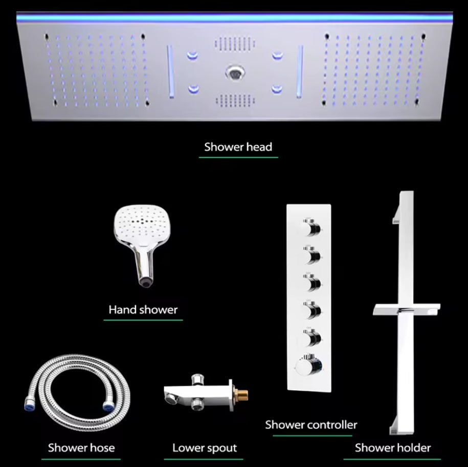 VoordeelPaleis® Aurora Plafond Thermostatische Doucheset 5 weg systeem Inbouw Plafond LED & Audio regendouche Chroom Glans