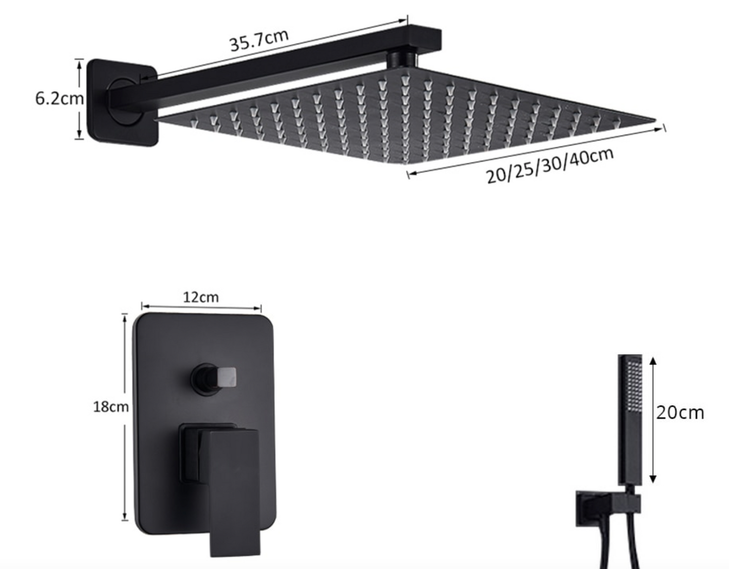 VoordeelPaleis® Doucheset Premium 40 cm. regendouche vierkant 2-weg zwart inbouw