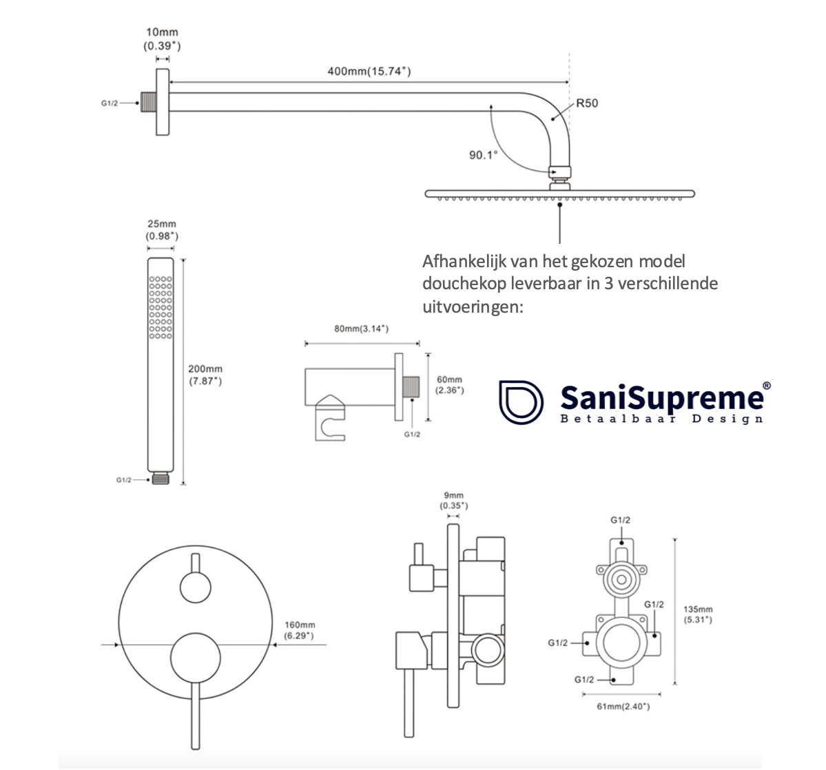 SaniSupreme Doucheset Yosemite 12 inch regendouche rond 2-weg koper glans inbouw