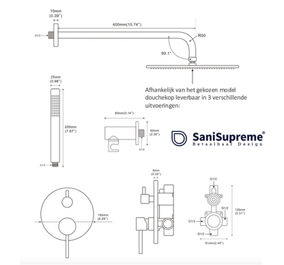 SaniSupreme Doucheset Yosemite 12 inch regendouche rond 2-weg koper glans inbouw