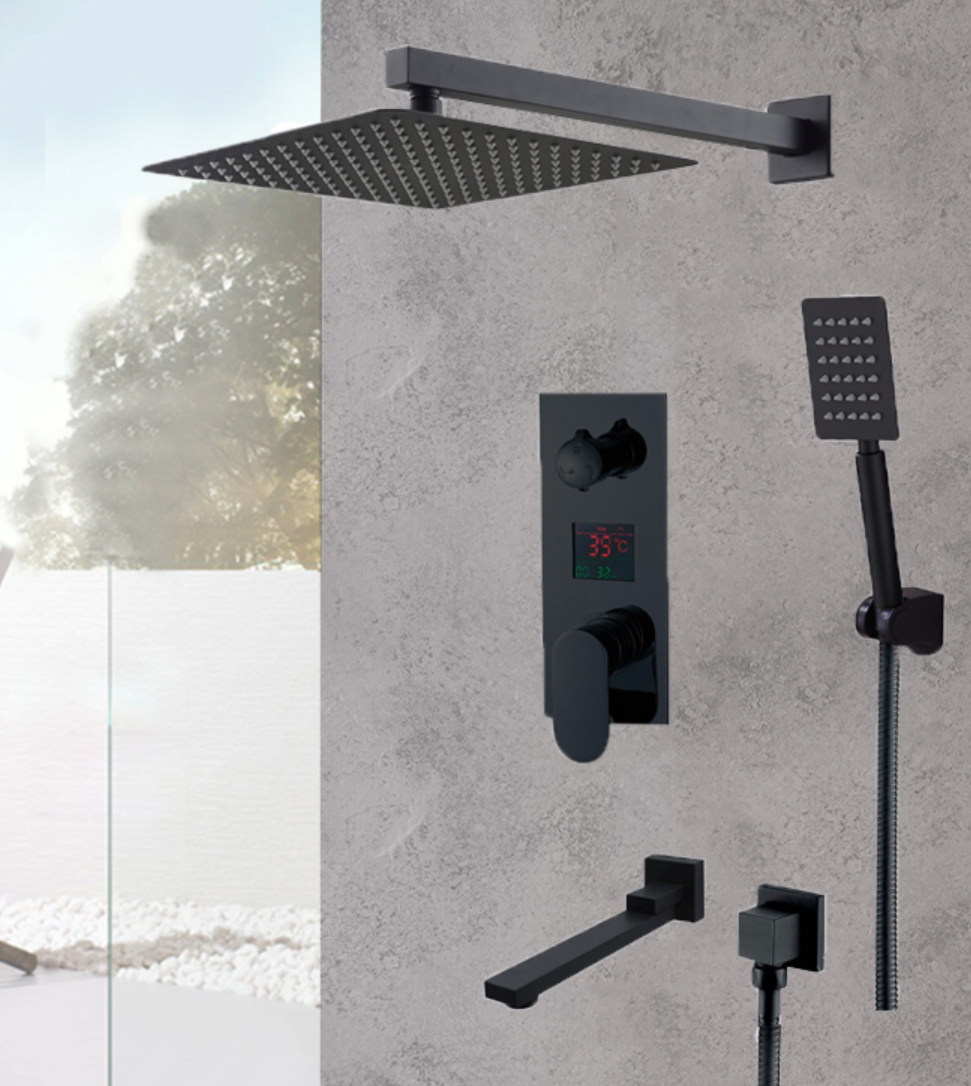 VoordeelPaleis® Doucheset Premium LCD 12 inch regendouche vierkant 3-weg zwart inbouw
