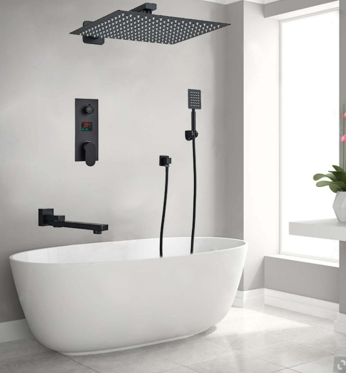 VoordeelPaleis® Doucheset Manhattan Premium de Luxe LCD 8 inch regendouche vierkant 3-weg zwart inbouw