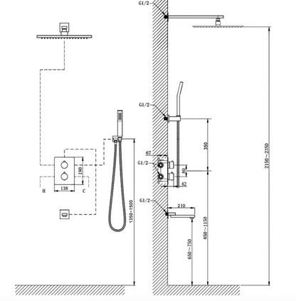 VoordeelPaleis® Doucheset Manhattan Premium de Luxe LCD 8 inch regendouche vierkant 3-weg zwart inbouw