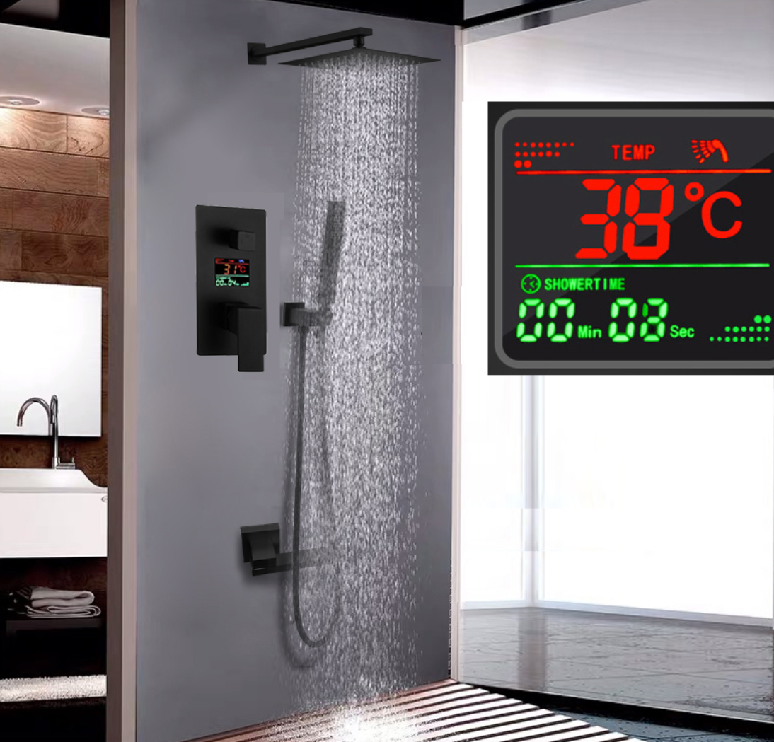 VoordeelPaleis® Doucheset Manhattan Premium de Luxe LCD 8 inch regendouche vierkant 3-weg zwart inbouw