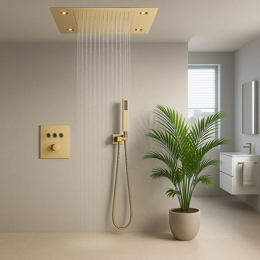 VoordeelPaleis® SmartPulse Plafond Thermostatische Komplete Doucheset Alicante 3 weg Inbouw Plafond LED regendouche La Paz Goud Geborsteld