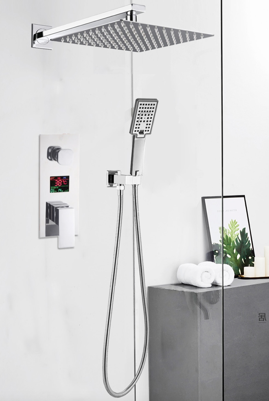 VoordeelPaleis® Doucheset Manhattan Premium de Luxe LCD 8 inch regendouche vierkant 2-weg chroom inbouw