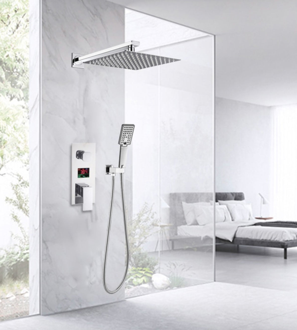 VoordeelPaleis® Doucheset Manhattan Premium de Luxe LCD 8 inch regendouche vierkant 2-weg chroom inbouw