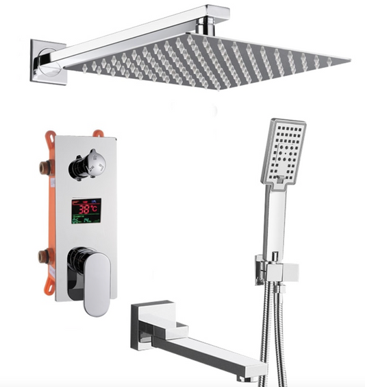 VoordeelPaleis® Doucheset Manhattan Premium de Luxe LCD 12 inch regendouche vierkant 3-weg chroom inbouw