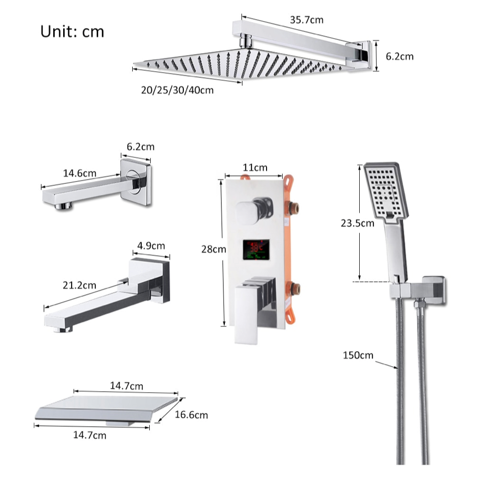 VoordeelPaleis® Doucheset Manhattan Premium de Luxe LCD 12 inch regendouche vierkant 3-weg chroom inbouw