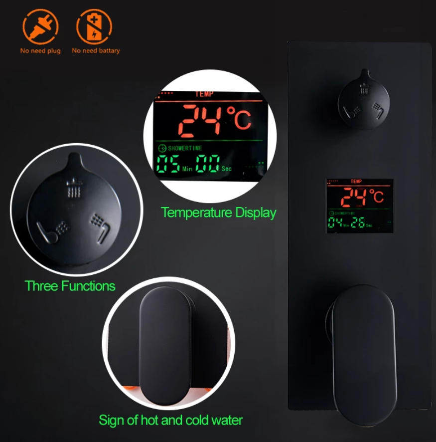 VoordeelPaleis® Digitale Doucheset Manhattan Premium de Luxe 3 weg LCD regendouche met LED Plafond Inbouwdouche unit 50 x 35 cm. Mat Zwart