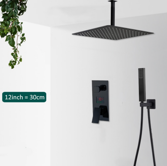 SaniSupreme Plafond Doucheset Manhattan Premium de Luxe LCD 30 cm regendouche vierkant 2-weg zwart inbouw