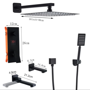 VoordeelPaleis® Doucheset Manhattan Premium de Luxe LCD 16 inch regendouche vierkant 2-weg zwart inbouw