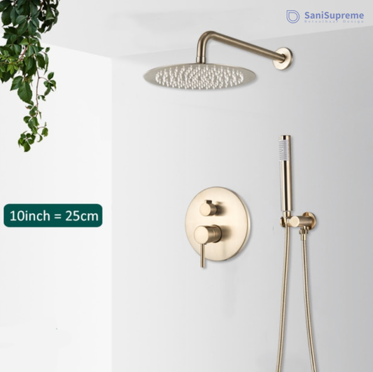 SaniSupreme® Doucheset Yosemite 25 cm. regendouche rond 2-weg goud brushed