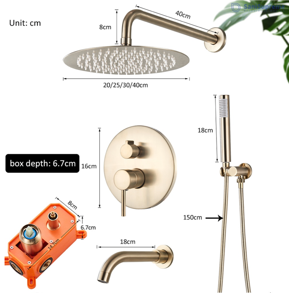 VoordeelPaleis® Doucheset Yosemite 40 cm. regendouche rond 2-weg goud brushed