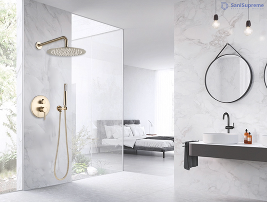 VoordeelPaleis® Doucheset Yosemite 40 cm. regendouche rond 2-weg goud brushed