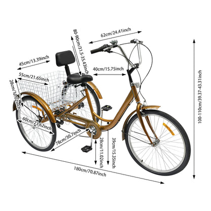 24 Inch Driewieler voor Volwassenen – 6 Versnellingen | Met Mand & Rugleuning | Comfortabel & Veilig