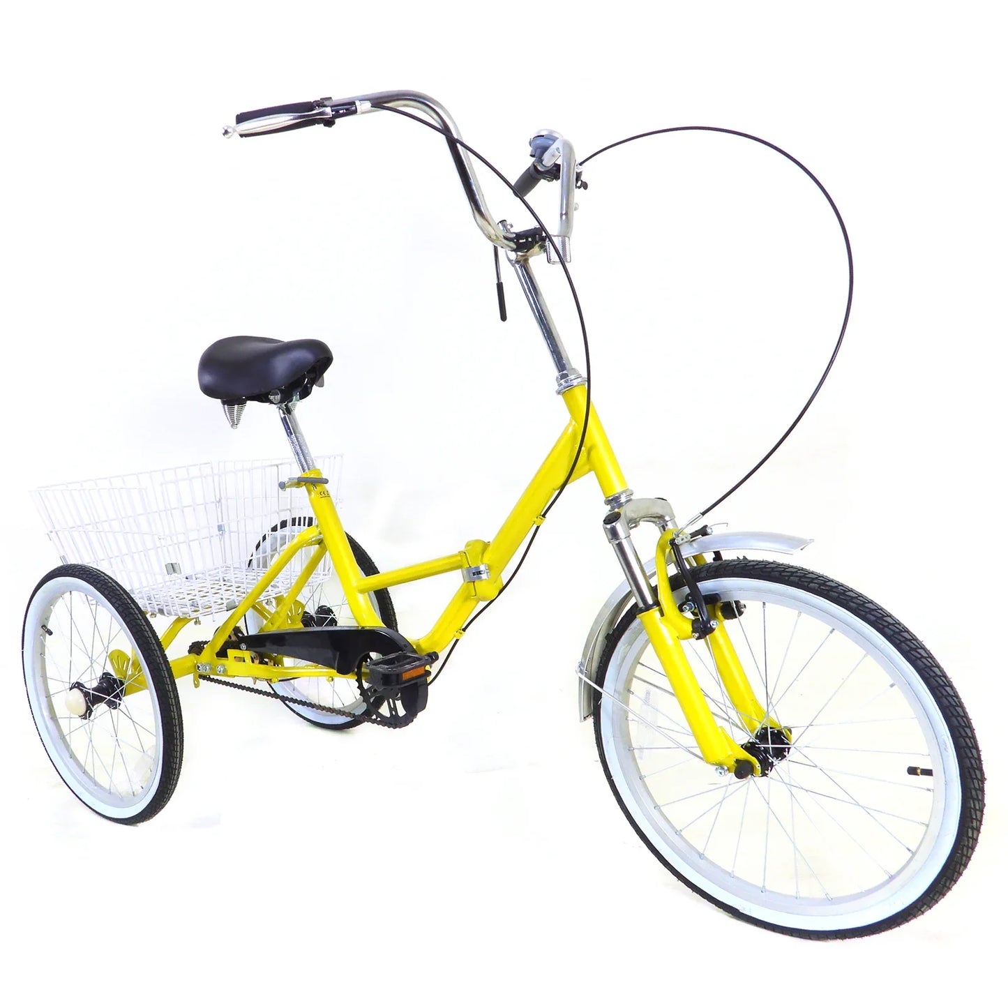 20 inch Opvouwbare Driewieler – Geel – Enkelvoudige Versnelling – 110kg Draagkracht – Met Mand & Bel – Voor Volwassenen & Senioren