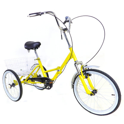 20 inch Opvouwbare Driewieler – Geel – Enkelvoudige Versnelling – 110kg Draagkracht – Met Mand & Bel – Voor Volwassenen & Senioren