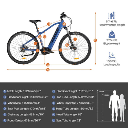 Elektrische Mountainbike 29" – 250W Middenmotor | 43.2V 10.4Ah Ingebouwde Batterij | Full Suspension | LCD Display