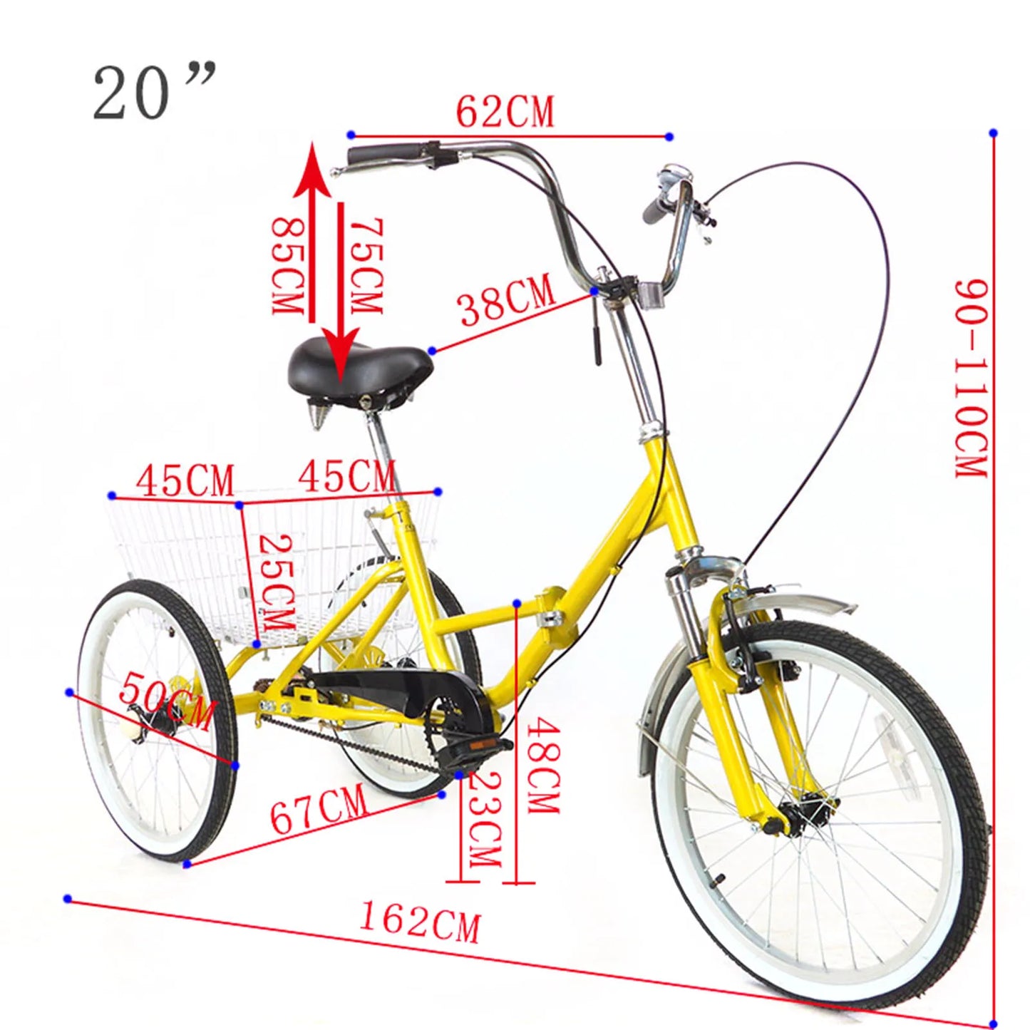 20 inch Opvouwbare Driewieler – Geel – Enkelvoudige Versnelling – 110kg Draagkracht – Met Mand & Bel – Voor Volwassenen & Senioren