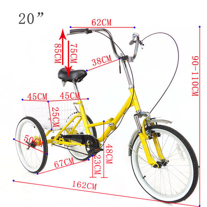 20 inch Opvouwbare Driewieler – Geel – Enkelvoudige Versnelling – 110kg Draagkracht – Met Mand & Bel – Voor Volwassenen & Senioren
