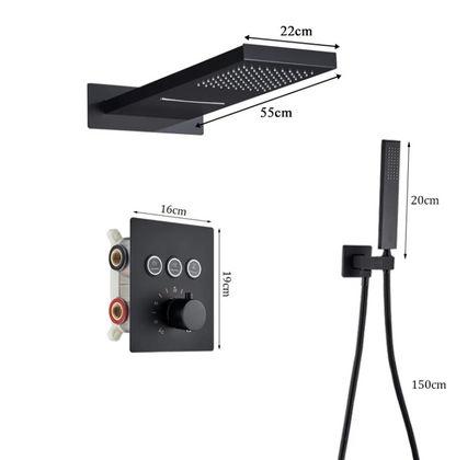 SaniSupreme® SmartPulse Wand Thermostatische Doucheset Biarritz 3 weg waterval met regendoucheplateau mat zwart