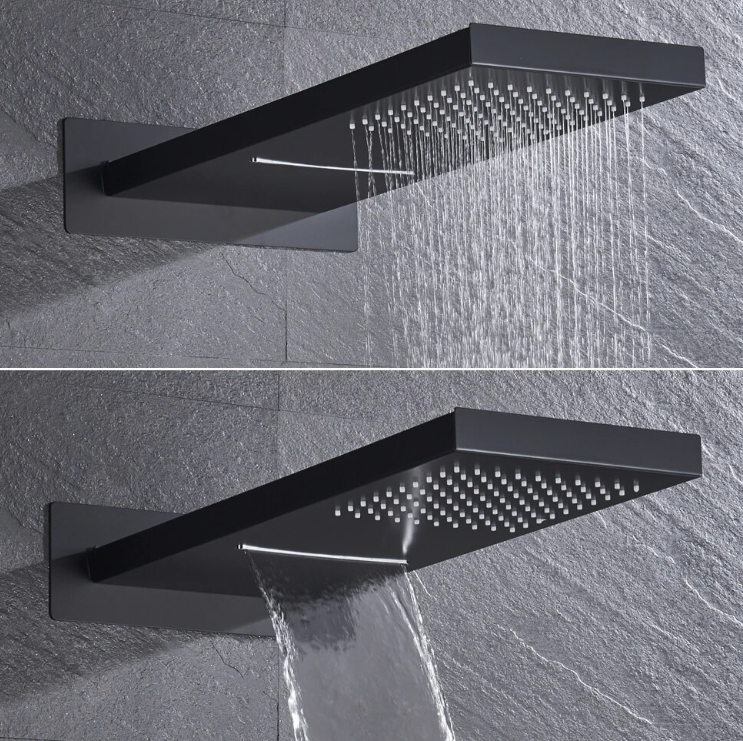 SaniSupreme® SmartPulse Wand Thermostatische Doucheset Biarritz 3 weg waterval met regendoucheplateau mat zwart