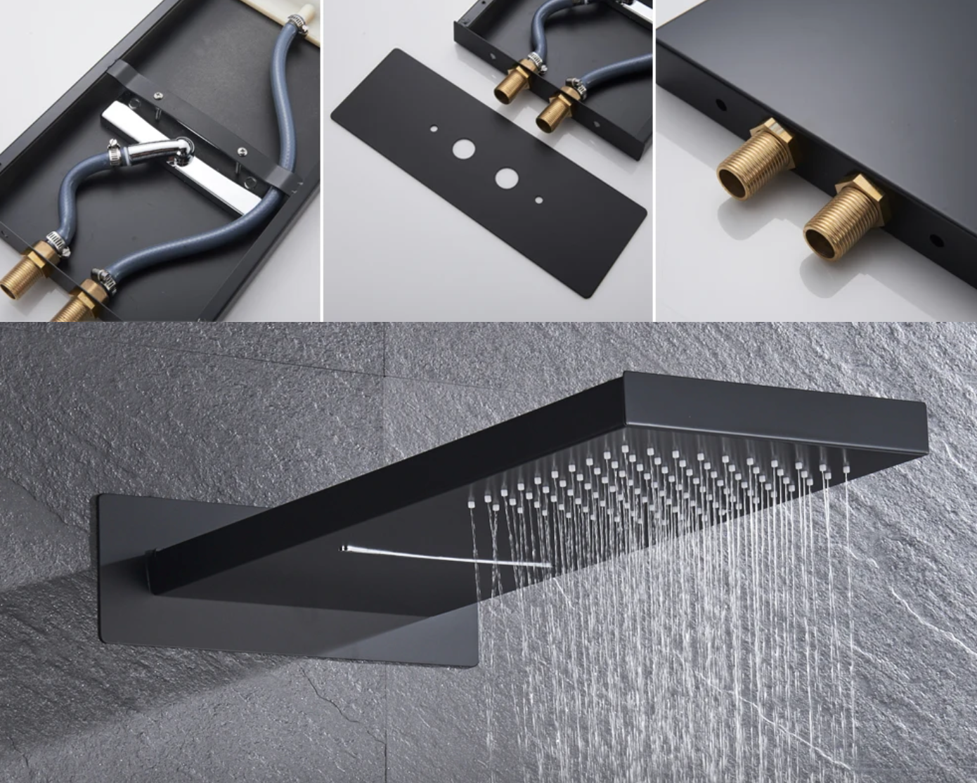 SaniSupreme® SmartPulse Wand Thermostatische Doucheset Biarritz 3 weg waterval met regendoucheplateau mat zwart