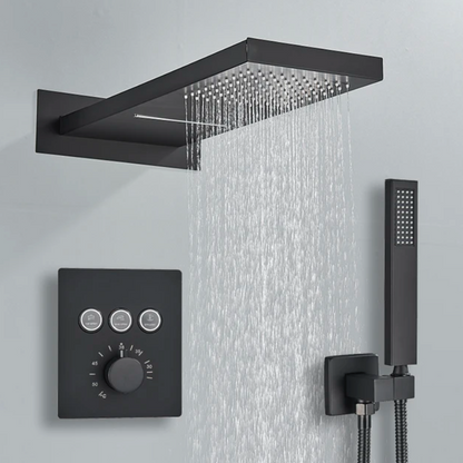 SaniSupreme® SmartPulse Wand Thermostatische Doucheset Biarritz 3 weg waterval met regendoucheplateau mat zwart