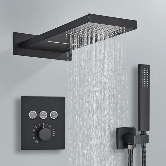 SaniSupreme® SmartPulse Wand Thermostatische Doucheset Biarritz 3 weg waterval met regendoucheplateau mat zwart