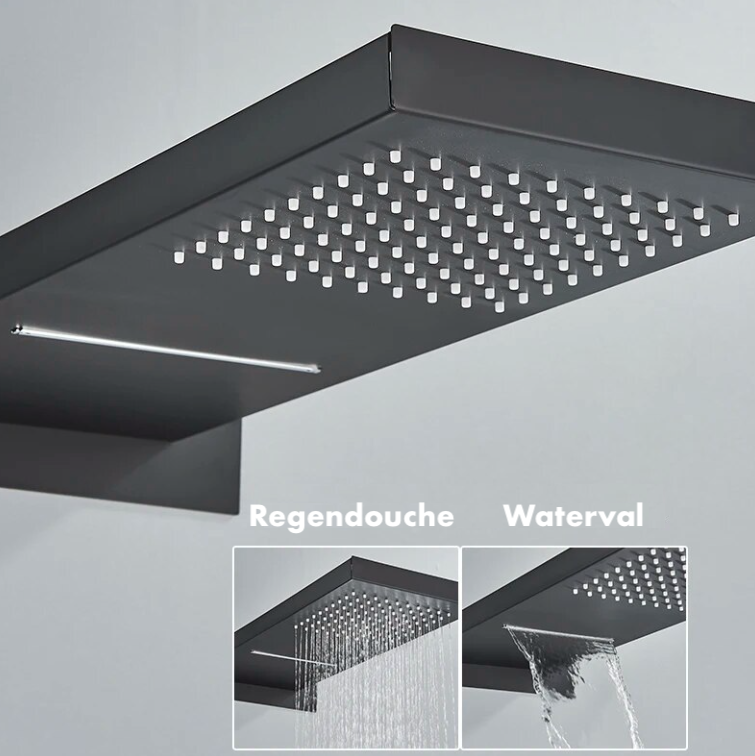 SaniSupreme® SmartPulse Wand Thermostatische Doucheset Biarritz 3 weg waterval met regendoucheplateau mat zwart