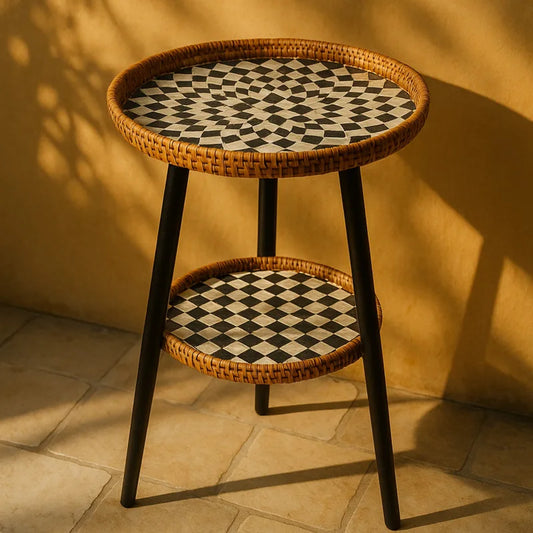 Dubbel Bijzettafeltje met Artistiek Mozaïekpatroon - Rotan & Hout