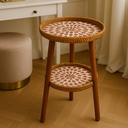 Dubbel Bijzettafeltje met Artistiek Mozaïekpatroon - Rotan & Hout