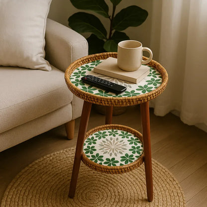 Dubbel Bijzettafeltje met Artistiek Mozaïekpatroon - Rotan & Hout