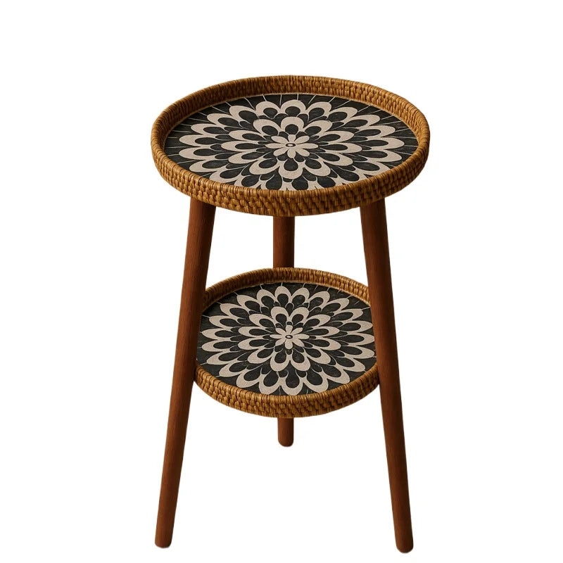 Dubbel Bijzettafeltje met Artistiek Mozaïekpatroon - Rotan & Hout