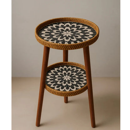 Dubbel Bijzettafeltje met Artistiek Mozaïekpatroon - Rotan & Hout