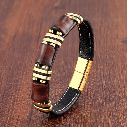 Tijgerkracht Leren Armband – Natuursteen Sieraad met Tijgeroog en RVS Accenten