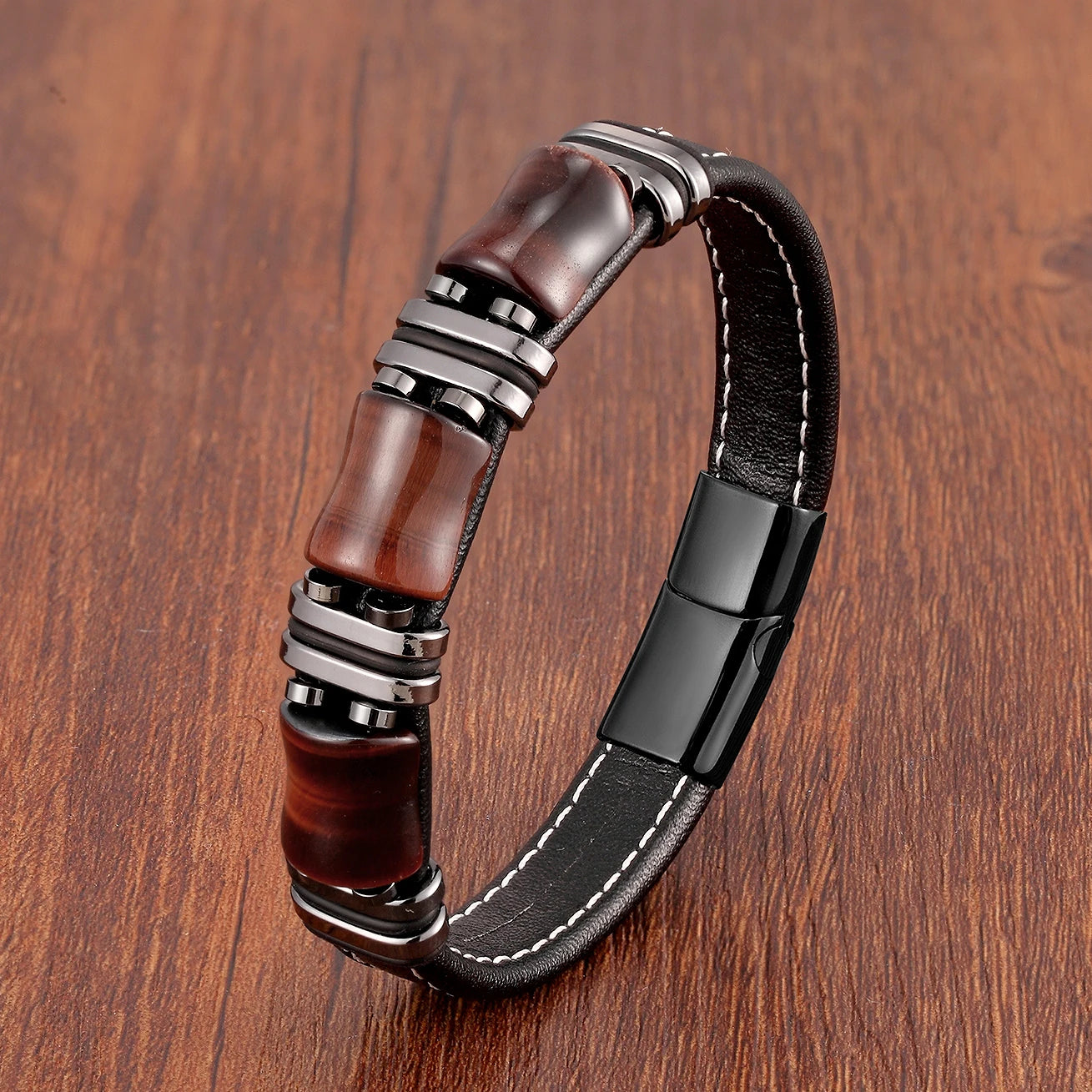 Tijgerkracht Leren Armband – Natuursteen Sieraad met Tijgeroog en RVS Accenten