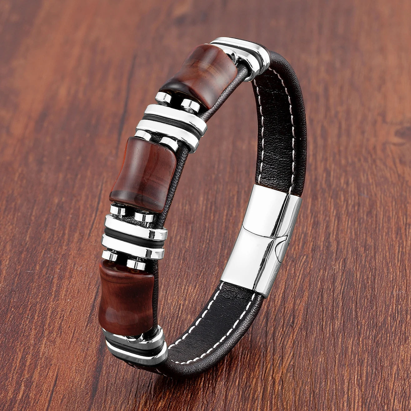 Tijgerkracht Leren Armband – Natuursteen Sieraad met Tijgeroog en RVS Accenten