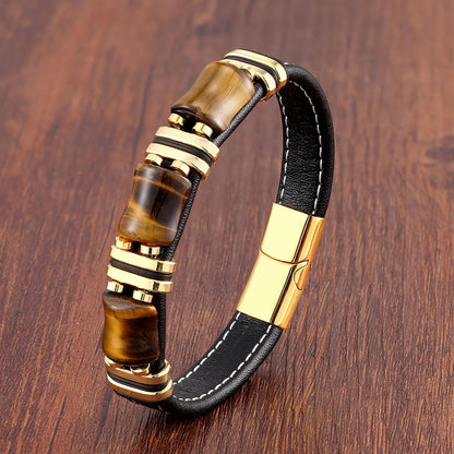 Tijgerkracht Leren Armband – Natuursteen Sieraad met Tijgeroog en RVS Accenten