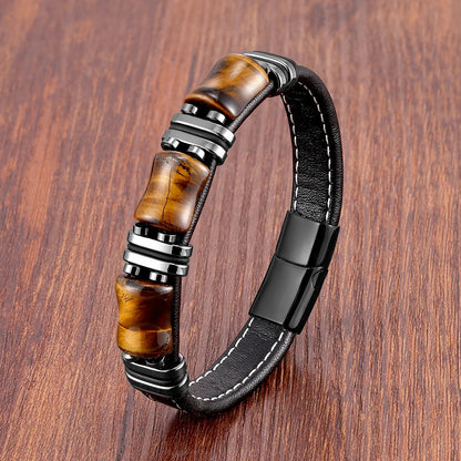 Tijgerkracht Leren Armband – Natuursteen Sieraad met Tijgeroog en RVS Accenten
