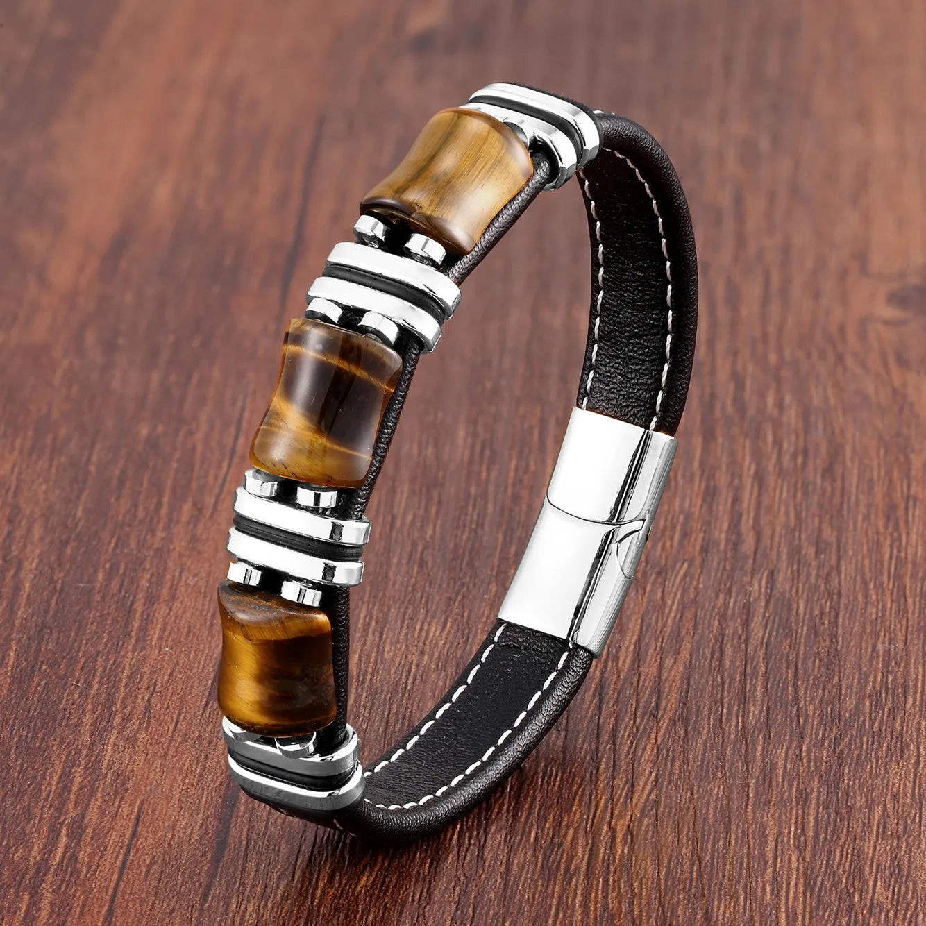 Tijgerkracht Leren Armband – Natuursteen Sieraad met Tijgeroog en RVS Accenten
