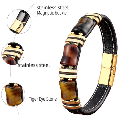 Tijgerkracht Leren Armband – Natuursteen Sieraad met Tijgeroog en RVS Accenten